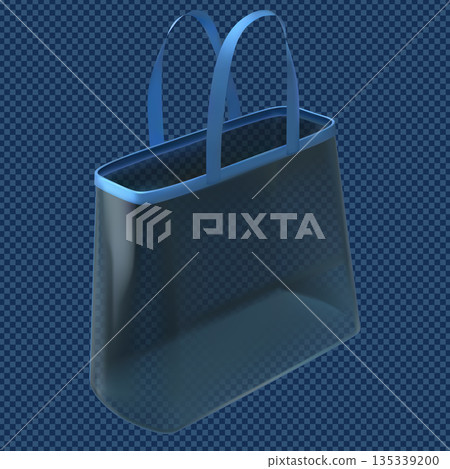 Transparent tote bag with hanging handles, blue shopping pouch mockup with straps, clear plastic handbag isometric view 135339200