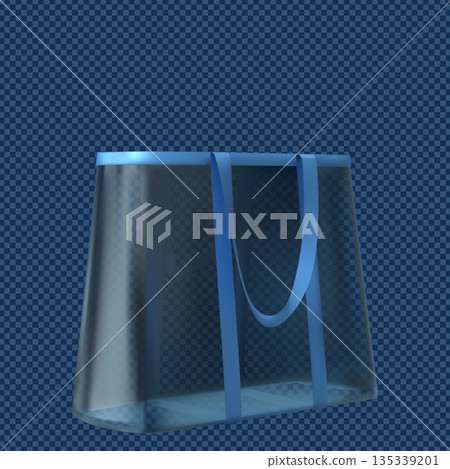 Transparent tote bag with handles, blue shopping pouch with straps, clear plastic handbag with hooks vector mockup 135339201