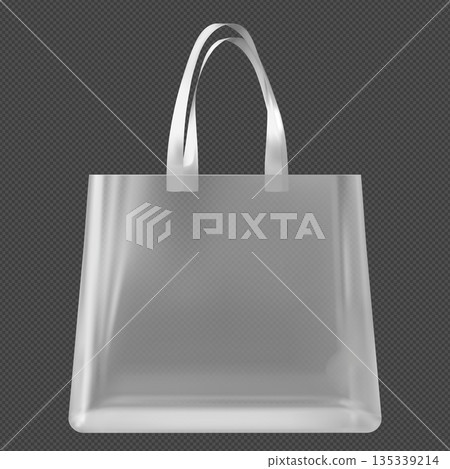 Transparent white plastic tote bag with upturned handles, front view. Transparent white plastic tote bag with upturned handles, front view. 135339214