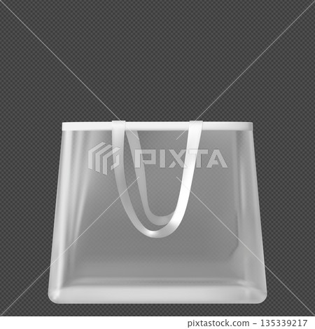 Transparent tote bag with handles, fashion white shopping pouch, empty plastic handbag pocket vector mockup front view Transparent tote bag with handles, fashion white shopping pouch, empty plastic handbag pocket vector mockup front view 135339217
