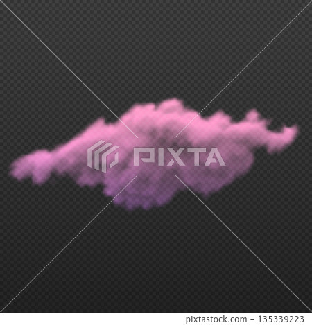 Pink soft fluffy cloud, vector realistic meteorology weather forecast cloudy symbol, mist, haze, cumulus overlay effect 135339223