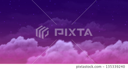 Night sky vector background, realistic dark cloudscape with fluffy clouds and stars, dusk purple heaven cumulus effect 135339240