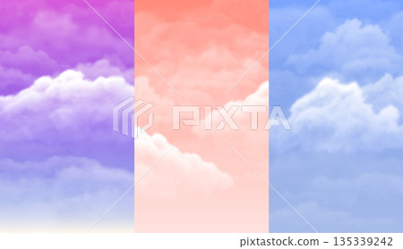 A set of vertical sky wallpapers with clouds in blue, orange, and purple. A set of vertical sky wallpapers with clouds in blue, orange, and purple. 135339242