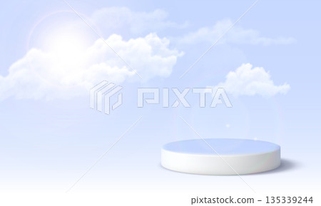 Blue sky in sunny day with 3D podium, sun shining through soft white clouds and cylinder pedestal product stage showcase Blue sky in sunny day with 3D podium, sun shining through soft white clouds and cylinder pedestal product stage showcase 135339244