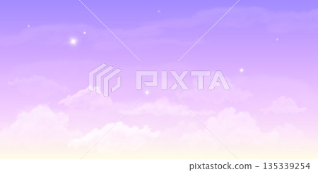 Purple evening sky vector background, realistic cloudscape with fluffy clouds and stars, dusk heaven cumulus effect 135339254