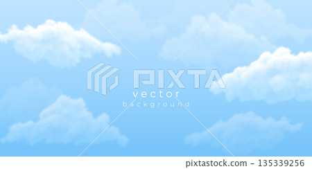 Blue sky background with white fluffy clouds and a blank space for text in the center. 135339256