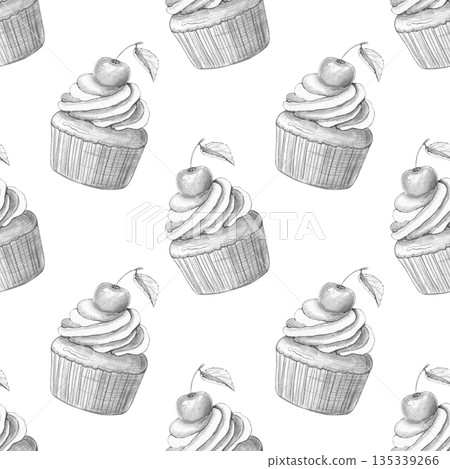 Seamless pattern with cupcakes decorated with cream and cherries. Hand-drawn pencil sketch. White background. For textiles, design, printing, culinary themes, desserts, birthdays. Seamless pattern with cupcakes decorated with cream and cherries. Hand-drawn pencil sketch. White background. For textiles, design, printing, culinary themes, desserts, birthdays. 135339266