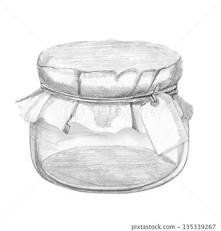 Detailed hand drawn pencil sketch of a rustic transparent glass mason jar with cloth lid and twine, featuring a blank label tag for culinary or craft design, berrys. Isolated on white background 135339267