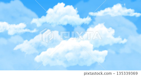 Blue sky background, cloudy weather, vector realistic cloudscape with fluffy clouds on blue sky, heaven cumulus effect 135339369