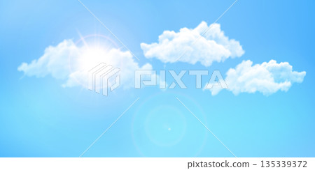 Sun shining through soft white clouds in blue sky background vector illustration, realistic nature with cumulus effect Sun shining through soft white clouds in blue sky background vector illustration, realistic nature with cumulus effect 135339372