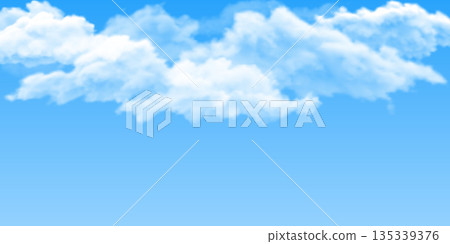 Blue sky with clouds vector nature background, cloudy weather, realistic cloudscape, heaven landscape cumulus effect 135339376