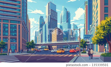 Scenery of a modern business district and intersection under a blue sky 135339501
