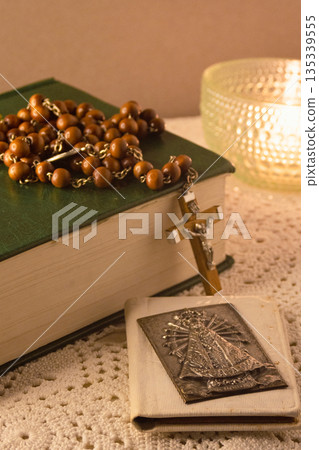 Christian symbols creating a scene of spiritual reflection,peace and devotion Christian symbols creating a scene of spiritual reflection,peace and devotion 135339555