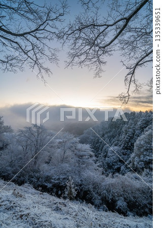 清晨，白雪皚皚的山峰上覆蓋著一層霜凍。 135339651