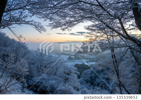 Morning on a snowy mountain covered in frost 135339652