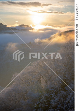 清晨,白雪皚皚的山峰上覆蓋著一層霜凍。 清晨,白雪皚皚的山峰上覆蓋著一層霜凍。 135339666