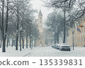 Snow covered Domplatz square Magdeburg leads toward Our Lady Church tower emerging fog snowfall trees historic buildings. Winter silence cold weather urban symmetry calm European city atmosphere 135339831