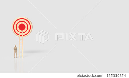 Business Goal Achievement Concept with Target, Ladder, and Confident Leader 3d render. Business Goal Achievement Concept with Target, Ladder, and Confident Leader 3d render. 135339854