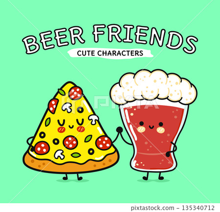 Pizza slice and beer characters holding hands, being friends 135340712