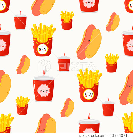 Cute fast food seamless pattern with kawaii characters 135340713