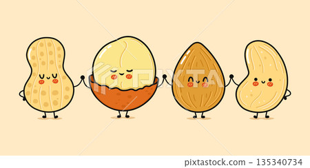 Cute cartoon nuts holding hands symbolizing friendship and unity 135340734