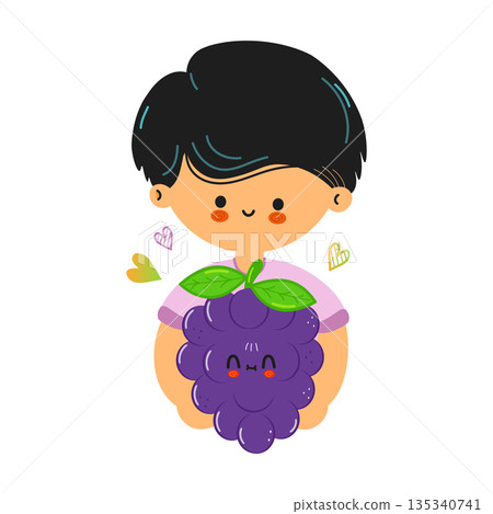 Cute boy holding happy grape character illustration 135340741