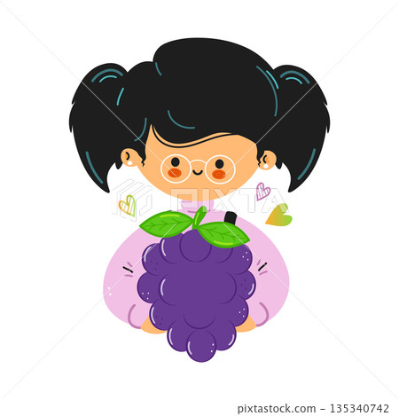 Cute child cartoon character holding a fresh grape bunch Cute child cartoon character holding a fresh grape bunch 135340742