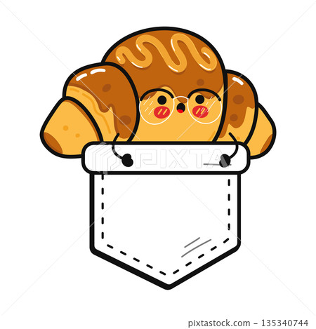 Cute croissant cartoon character wearing glasses peeking from pocket 135340744