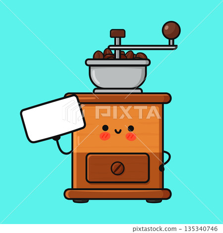 Kawy character manual coffee grinder holding blank board Kawy character manual coffee grinder holding blank board 135340746