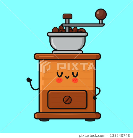 Kawaii coffee grinder mascot character brewing fresh beans Kawaii coffee grinder mascot character brewing fresh beans 135340748