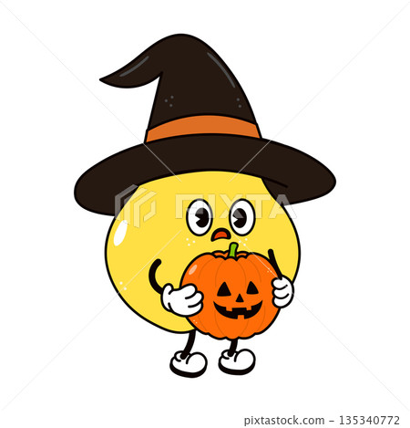 Cute pear character wearing witch hat holding pumpkin 135340772