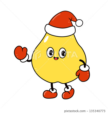 Cute cartoon pear character wearing Santa hat waving Cute cartoon pear character wearing Santa hat waving 135340773