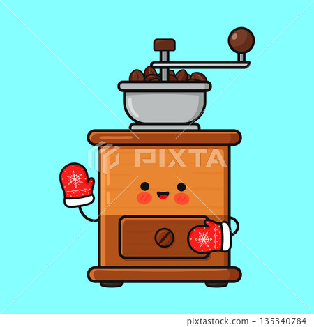 Cute cartoon coffee grinder character wearing winter mittens Cute cartoon coffee grinder character wearing winter mittens 135340784