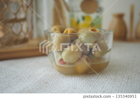 Bowl of olives on a table at a home kitchen 135340951