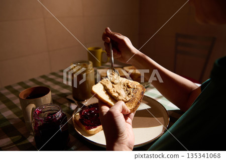 Morning Breakfast Toast With Peanut Butter And Jelly Spread On Toast, Family Moment 135341068