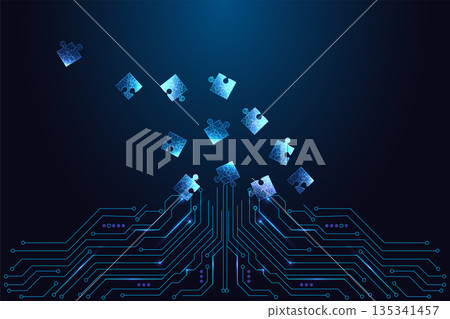 Puzzle pieces floating above circuit board, AI problem solving and digital intelligence process 135341457