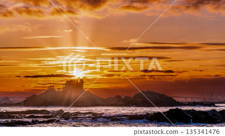 "Aomori Prefecture" Dramatic evening view of Kabushima Island, Hachinohe City "Aomori Prefecture" Dramatic evening view of Kabushima Island, Hachinohe City 135341476