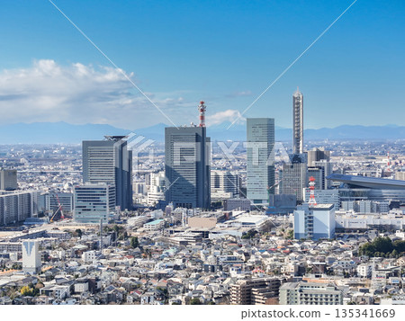Aerial view of Saitama New Urban Center and Mt. Fuji in winter Aerial view of Saitama New Urban Center and Mt. Fuji in winter 135341669