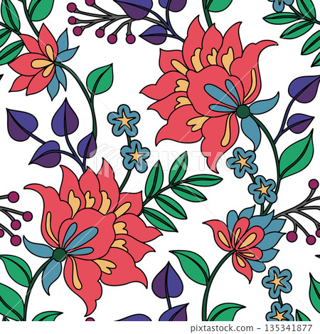 Floral pattern, seamless vector print in oriental style. Abstract bright flowers. Floral pattern, seamless vector print in oriental style. Abstract bright flowers. 135341877