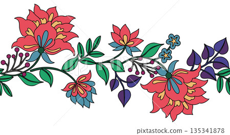 Floral frame, seamless vector border in oriental style. Abstract bright flowers. 135341878