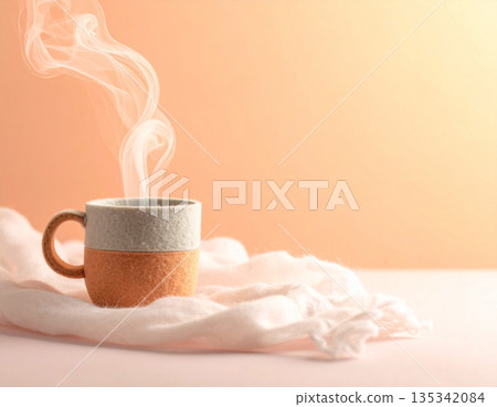 A relaxing space with a felt mug and steam, pastel background A relaxing space with a felt mug and steam, pastel background 135342084