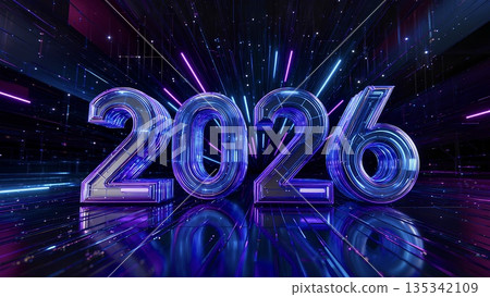 2026 Future Technology Background with Glowing Digital Numbers and Neon Lights 2026 Future Technology Background with Glowing Digital Numbers and Neon Lights 135342109