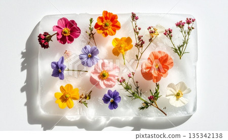 Crystal clear art photo of tiny flowers trapped in ice 135342138