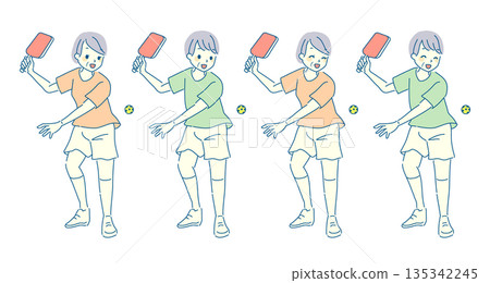 一群老年男女享受匹克球運動的插圖 135342245