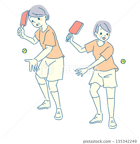 Illustration set of an elderly woman enjoying pickleball 135342249