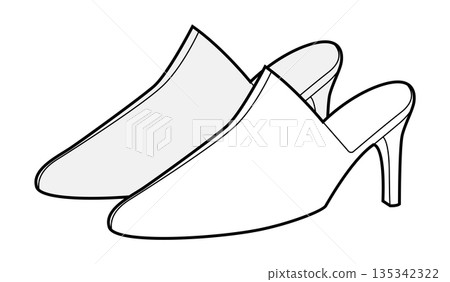 Mule shoe women sketch pair. Open back mid heel shoe for party, vacation, casual summer outfit. Technical fashion  135342322