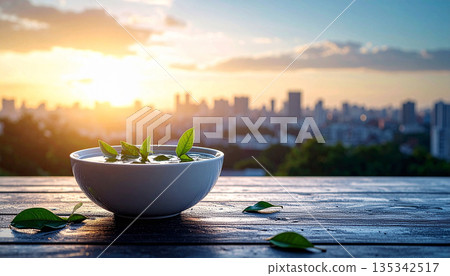 Single Ceramic Bowl with Floating Green Leaves. Mental Mindfulness Concept. Generated Image Single Ceramic Bowl with Floating Green Leaves. Mental Mindfulness Concept. Generated Image 135342517