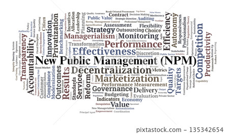 New Public Management Word Cloud. Core Concepts of Performance and Efficiency in Governance New Public Management Word Cloud. Core Concepts of Performance and Efficiency in Governance 135342654