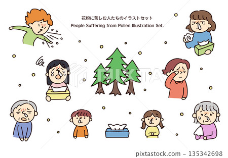 Illustration set of people suffering from hay fever Illustration set of people suffering from hay fever 135342698
