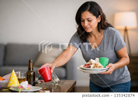 AI generated Hispanic woman cleaning living room after party picking up cups and plates at home casual lifestyle responsibility concept with copy space 135342874